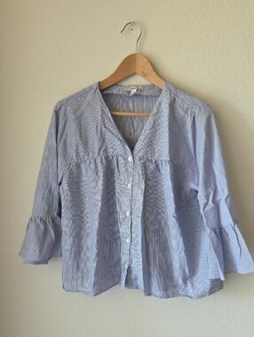 Madewell Blue White Striped Button Front Babydoll Top 3/4 Bell Sleeves  Sz L